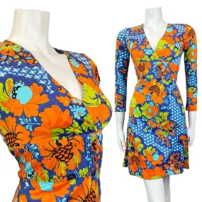 VINTAGE 60s 70s BLUE ORANGE GREEN FLORAL PSYCHEDELIC MINI SWING DRESS 8
