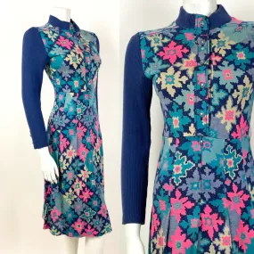 VINTAGE 60s 70s BLUE PINK CREAM FLORAL GEOMETRIC PSYCHEDELIC TILED DRESS 8 10