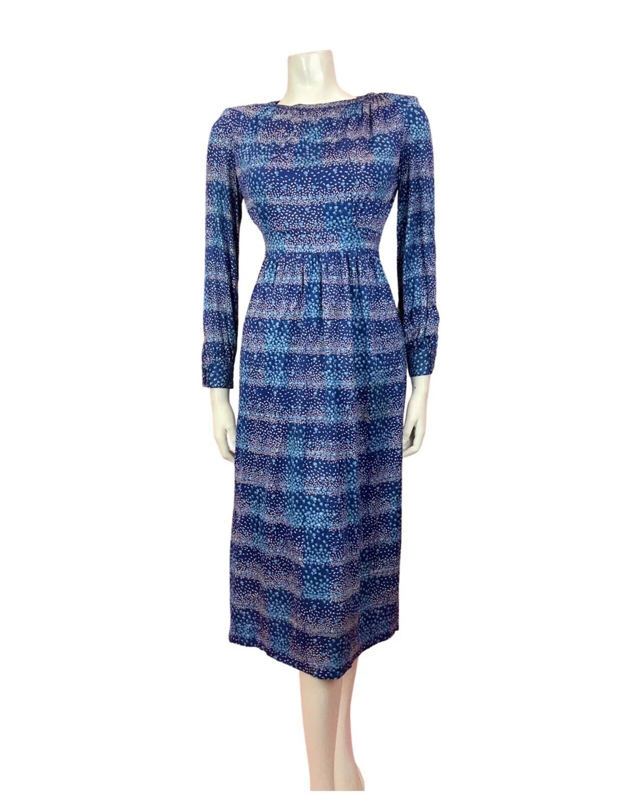 VINTAGE 60s 70s BLUE PINK GREEN DOTTY DITSY STRIPED MIDI DRESS 8