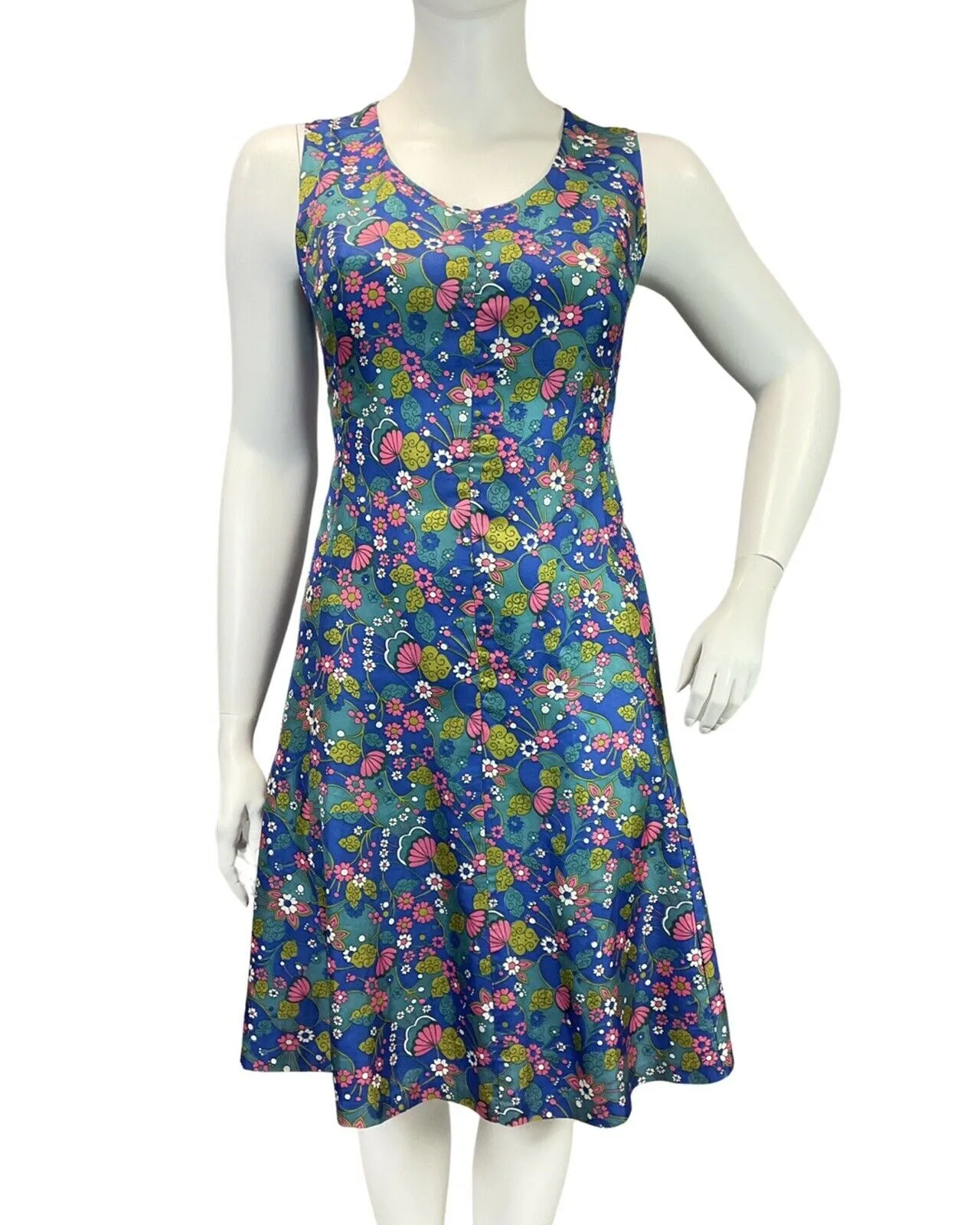 VINTAGE 60s 70s BLUE PINK GREEN PSYCHEDELIC FLORAL DAISY SLEEVELESS DRESS 16