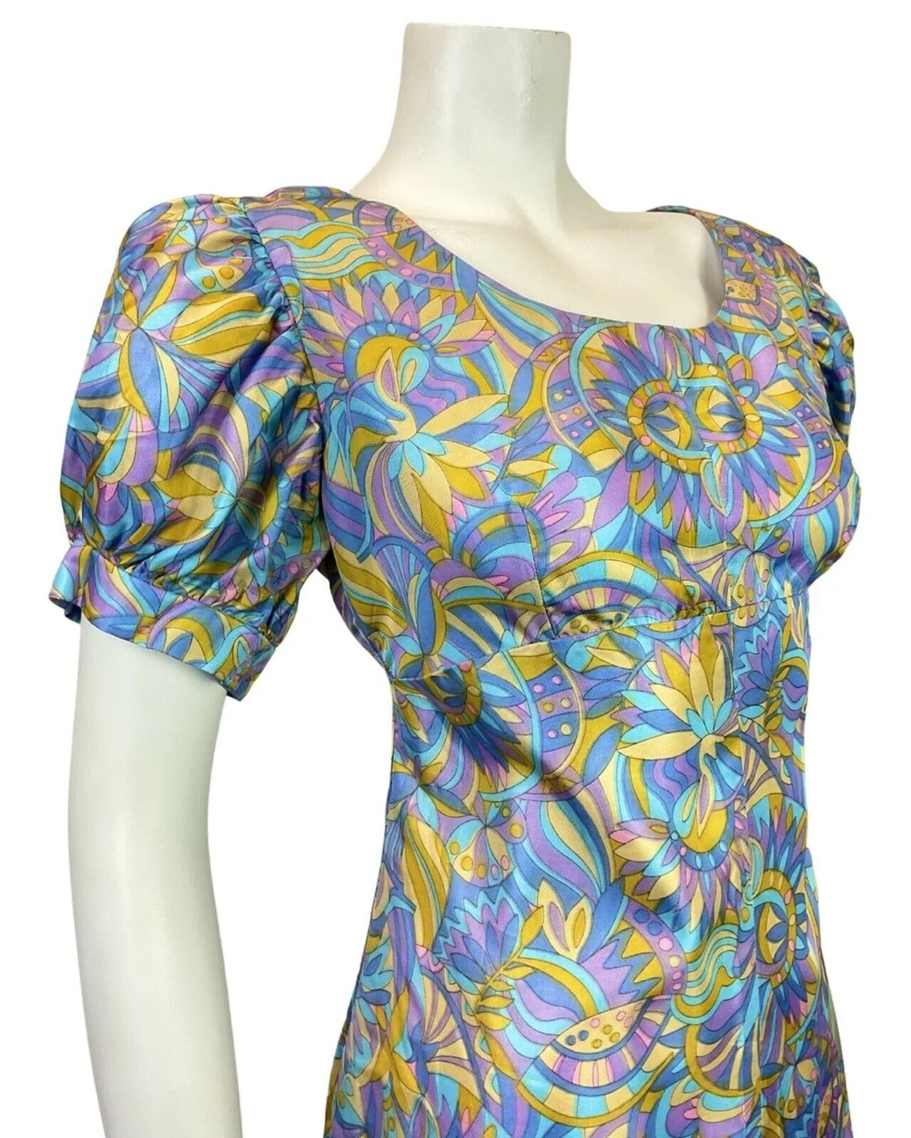 VINTAGE 60s 70s BLUE PURPLE GOLD PSYCHEDELIC PUFF SLEEVE EMPIRE SUMMER DRESS 14
