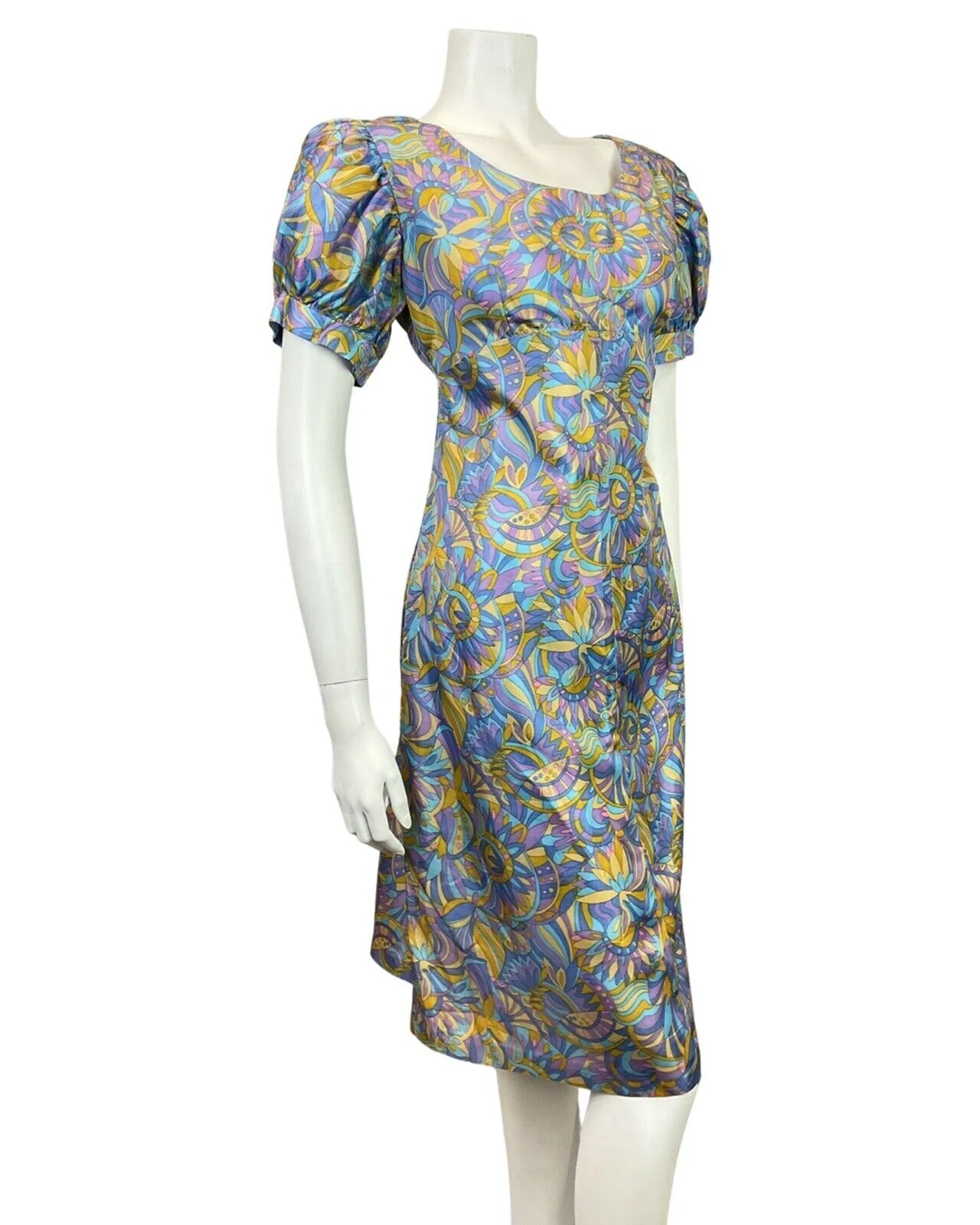 VINTAGE 60s 70s BLUE PURPLE GOLD PSYCHEDELIC PUFF SLEEVE EMPIRE SUMMER DRESS 14