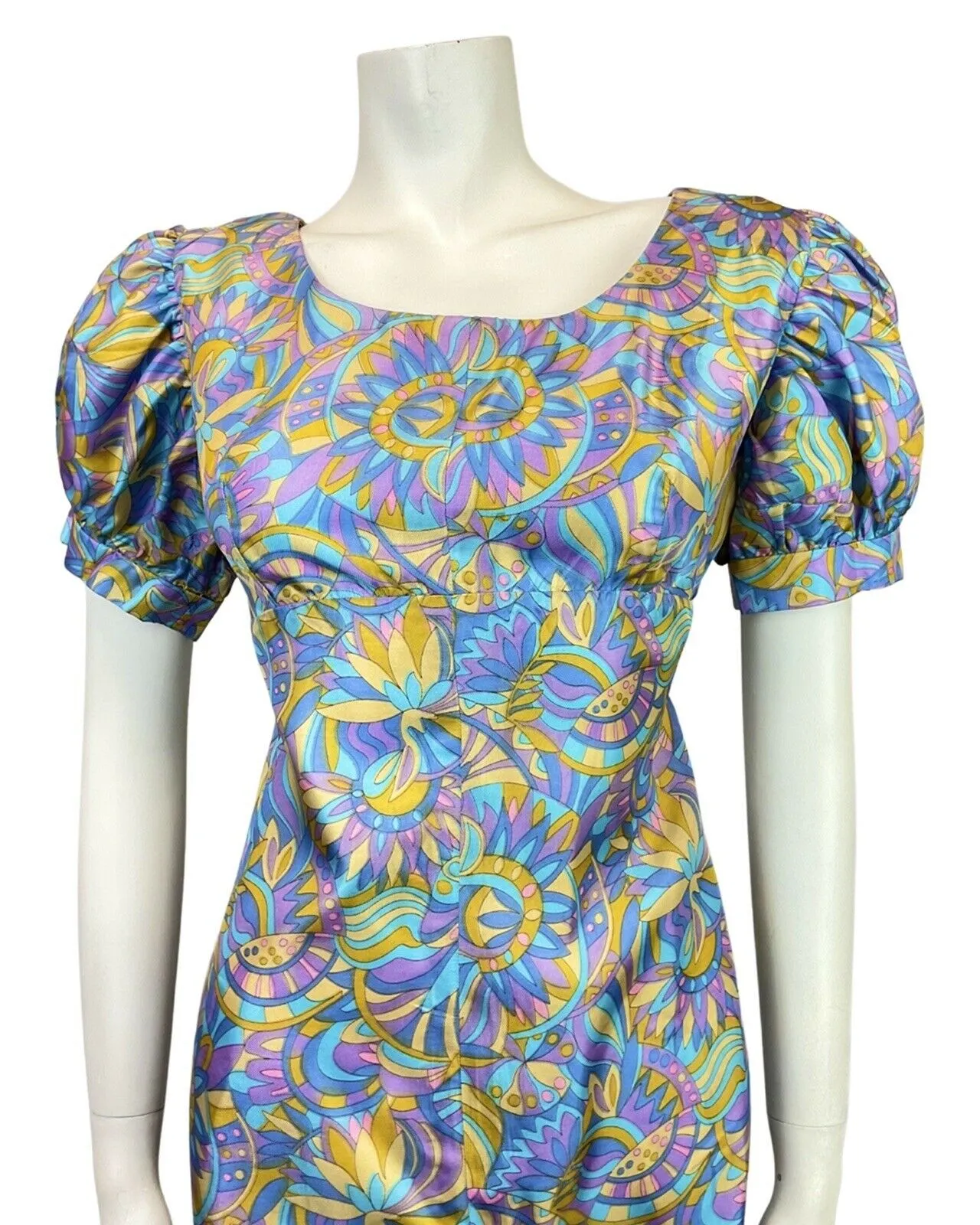 VINTAGE 60s 70s BLUE PURPLE GOLD PSYCHEDELIC PUFF SLEEVE EMPIRE SUMMER DRESS 14