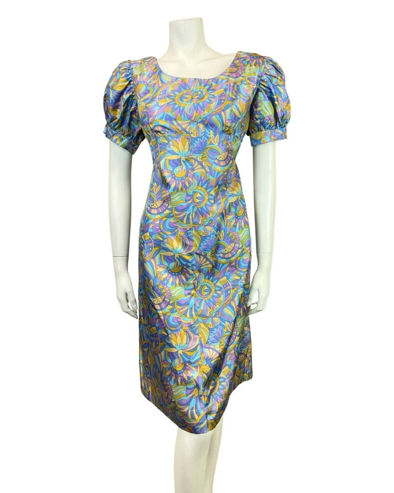 VINTAGE 60s 70s BLUE PURPLE GOLD PSYCHEDELIC PUFF SLEEVE EMPIRE SUMMER DRESS 14