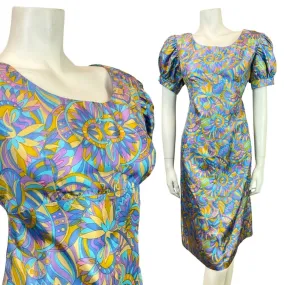 VINTAGE 60s 70s BLUE PURPLE GOLD PSYCHEDELIC PUFF SLEEVE EMPIRE SUMMER DRESS 14