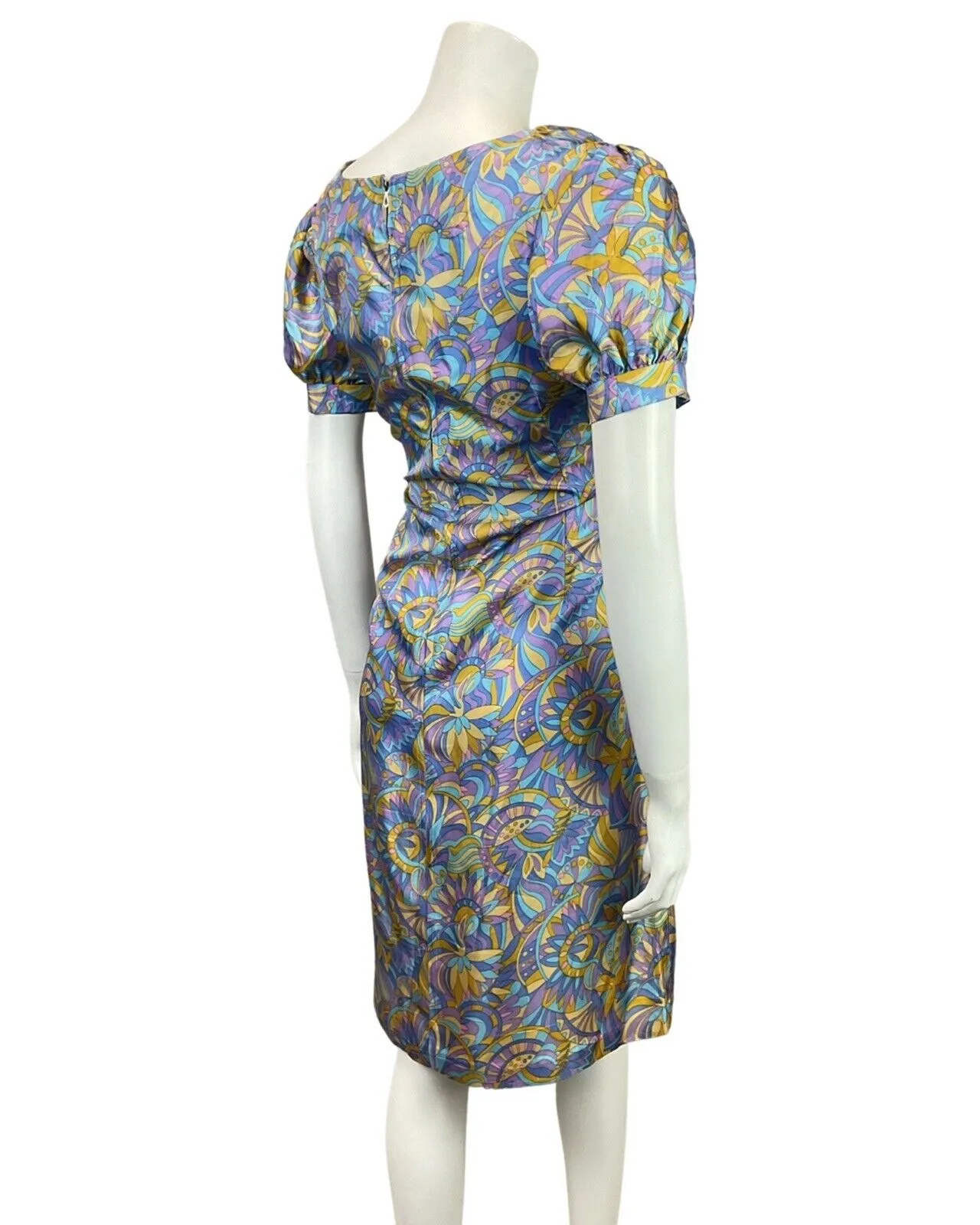 VINTAGE 60s 70s BLUE PURPLE GOLD PSYCHEDELIC PUFF SLEEVE EMPIRE SUMMER DRESS 14
