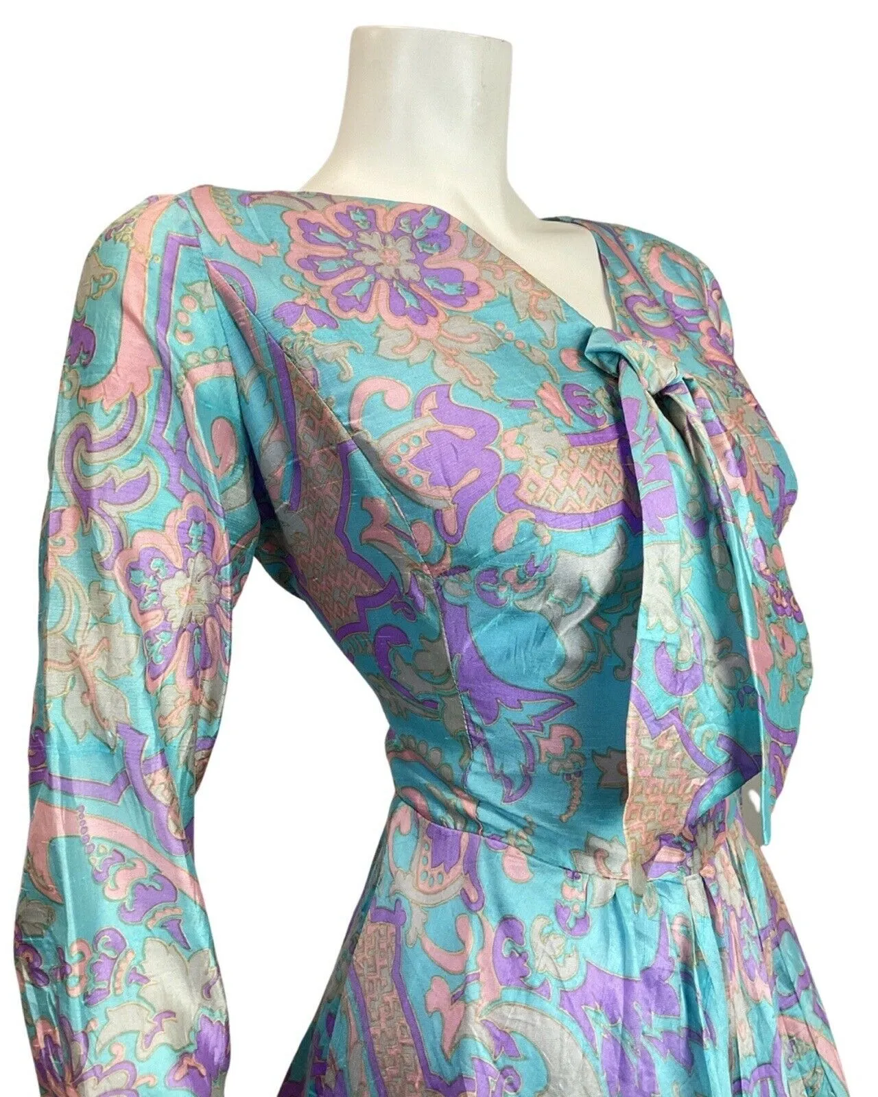 VINTAGE 60s 70s BLUE PURPLE GREY PSYCHEDELIC FLORAL SILK BOW SWING DRESS 12 14