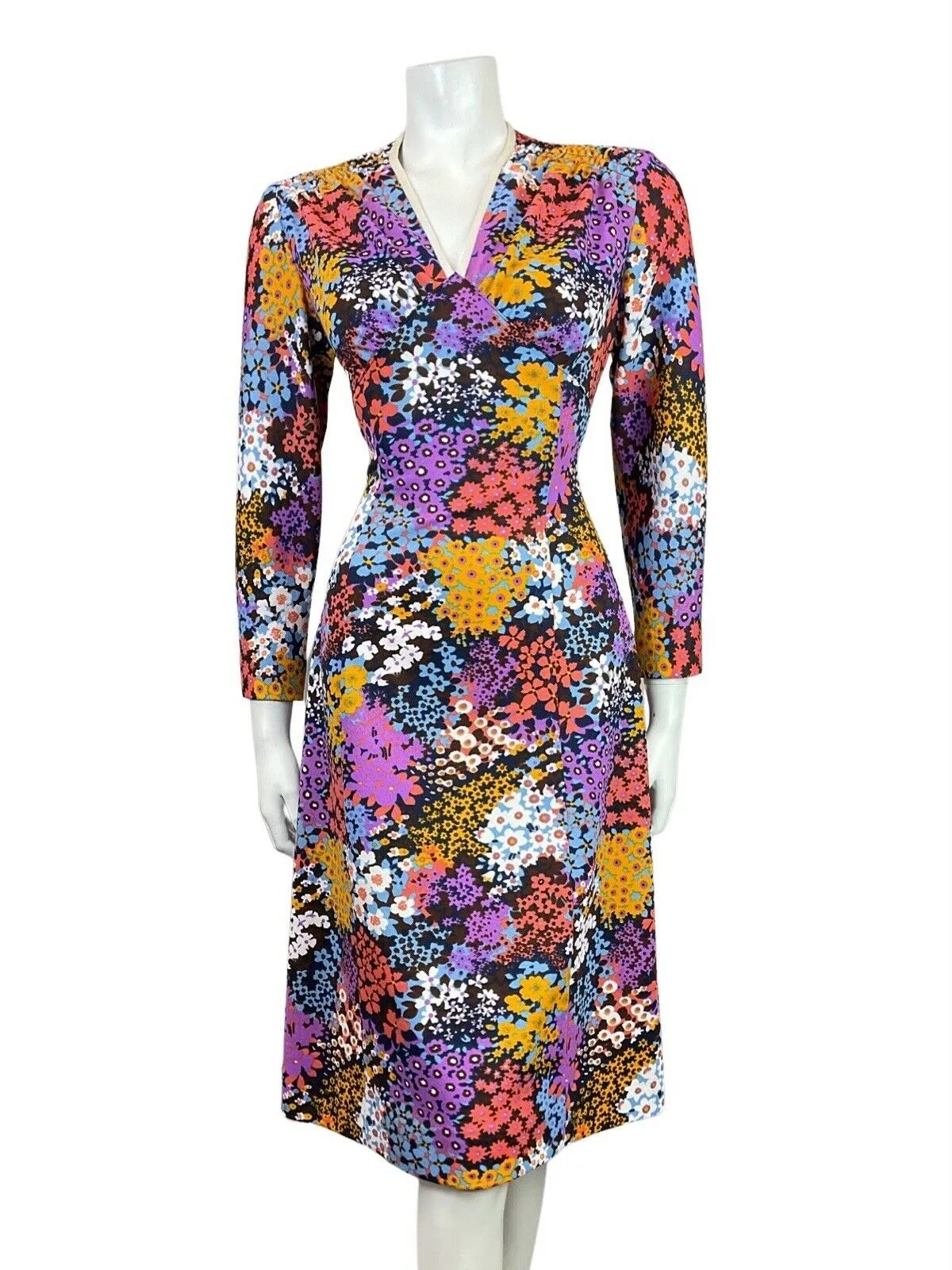 VINTAGE 60s 70s BLUE PURPLE PINK PSYCHEDELIC FLORAL DITSY FITTED DRESS 10 12