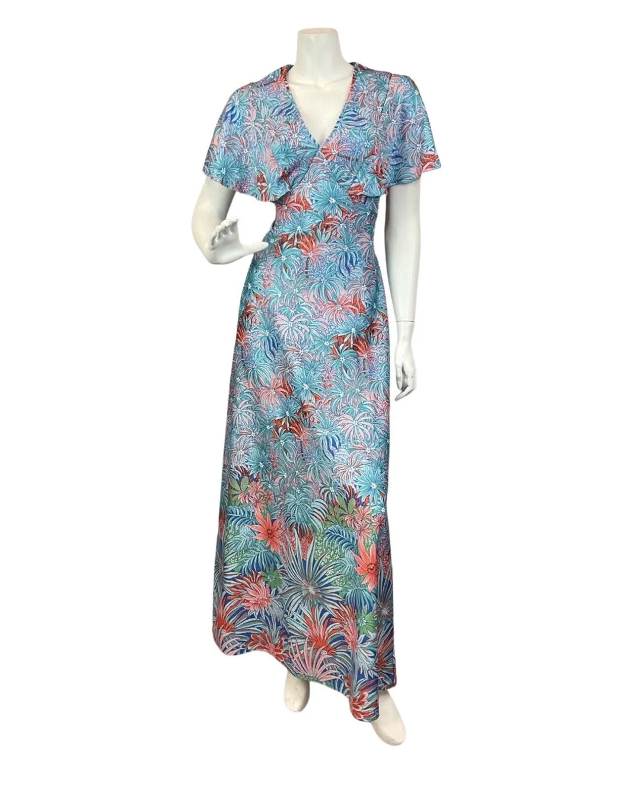 VINTAGE 60s 70s BLUE RED PEACH PSYCHEDELIC PALM LEAF FLORAL CAPED MAXI DRESS 14