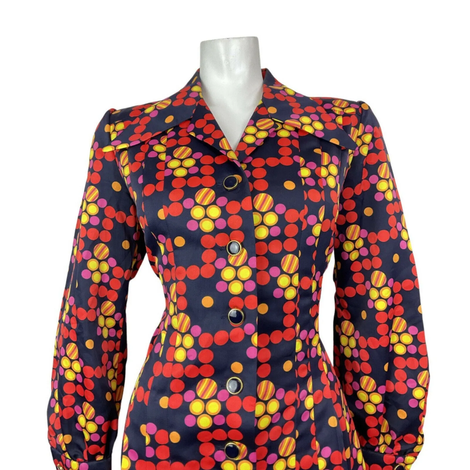 VINTAGE 60s 70s BLUE RED YELLOW PSYCHEDELIC DOTTY MOD DAGGER SHIRT DRESS 14 16