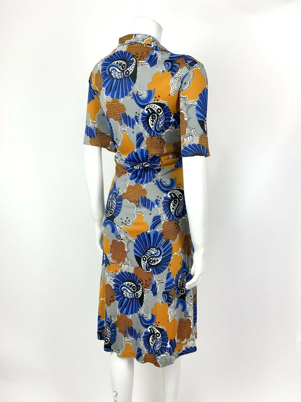 VINTAGE 60s 70s BLUE SILVER YELLOW PSYCHEDELIC FLORAL PAISLEY SHIRT DRESS 16 18