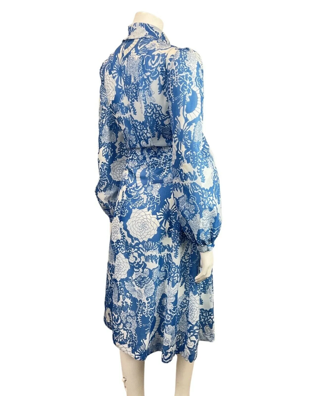 VINTAGE 60s 70s BLUE WHITE PSYCHEDELIC FLORAL PUSSYBOW SHEER SWING DRESS 12 14
