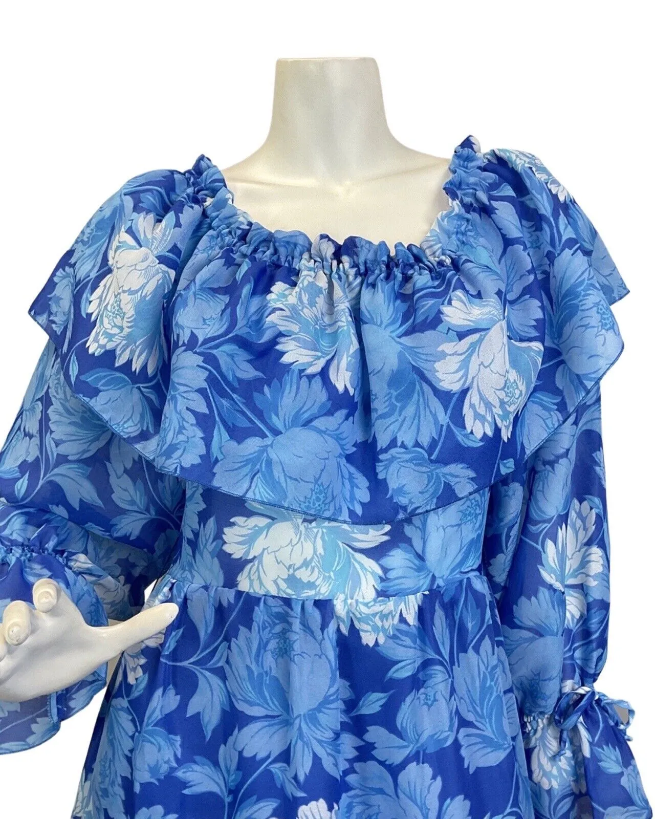 VINTAGE 60s 70s BLUE WHITE PSYCHEDELIC FLORAL RUFFLED PRAIRIE BOHO MAXI DRESS 8
