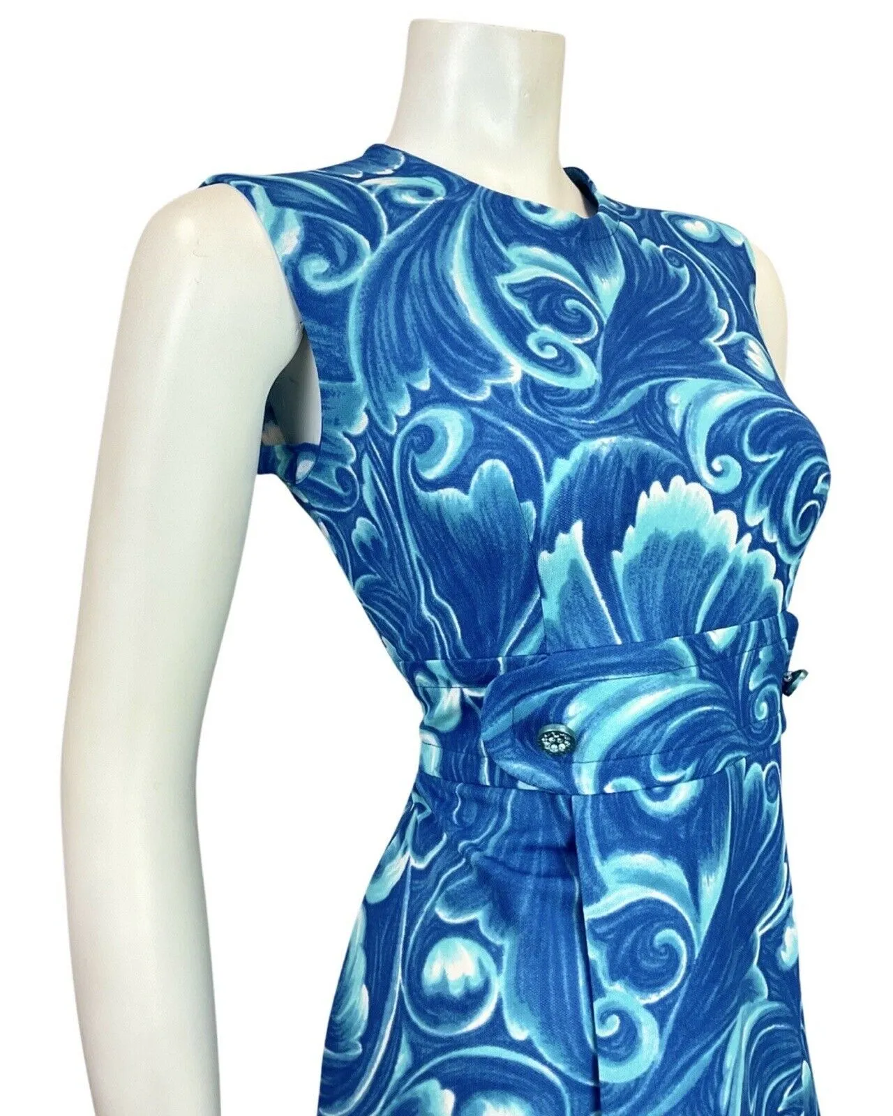 VINTAGE 60s 70s BLUE WHITE PSYCHEDELIC SWIRL MOD SLEEVELESS DRESS 10 12