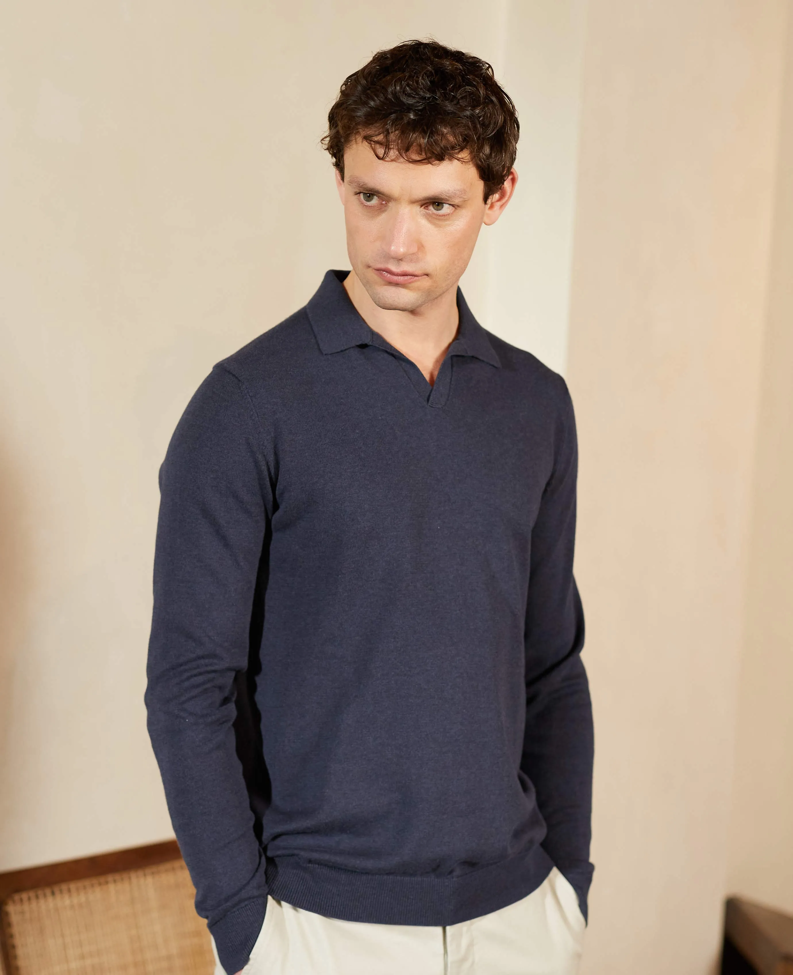 Washed Navy Cotton-Blend Open Collar Knit Polo
