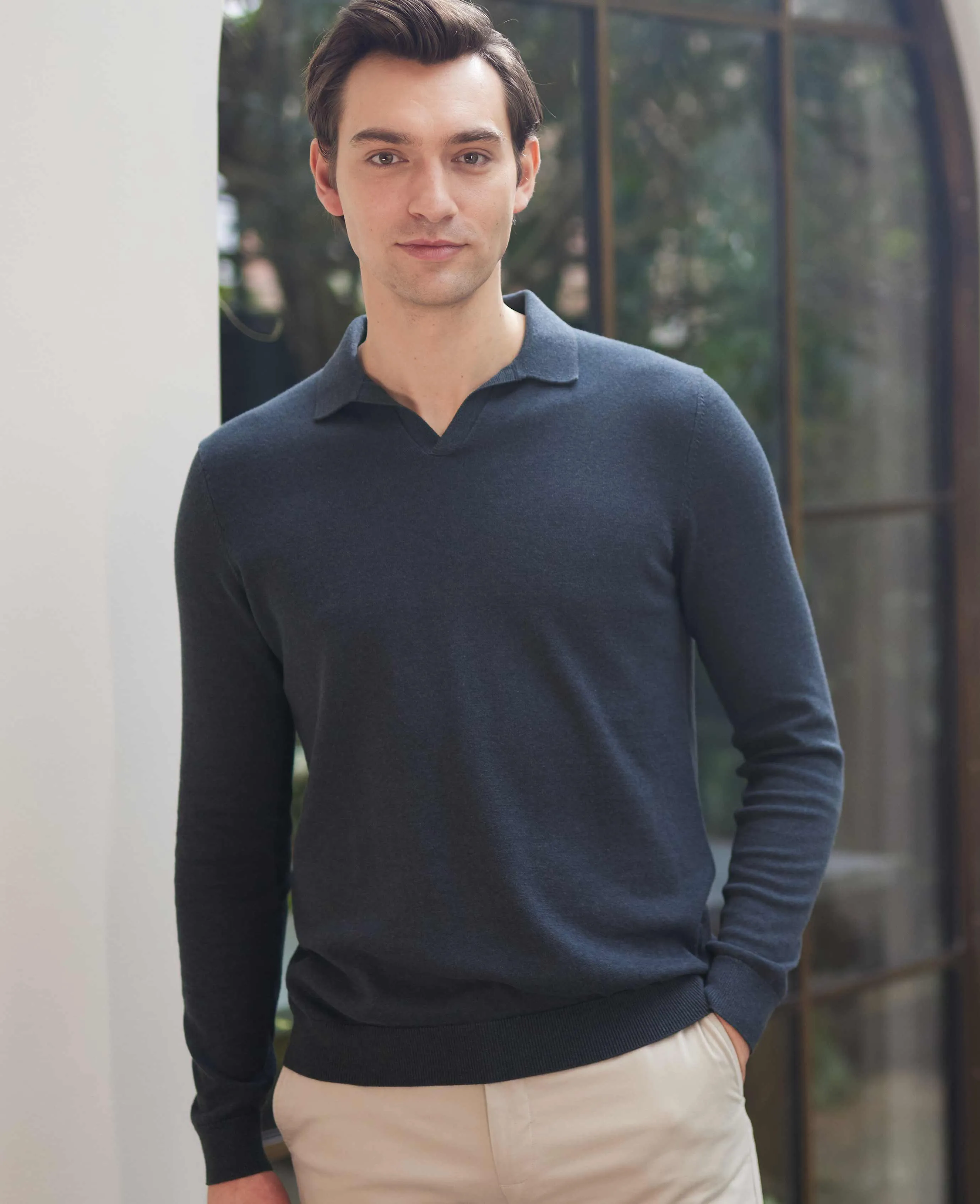 Washed Navy Cotton-Blend Open Collar Knit Polo
