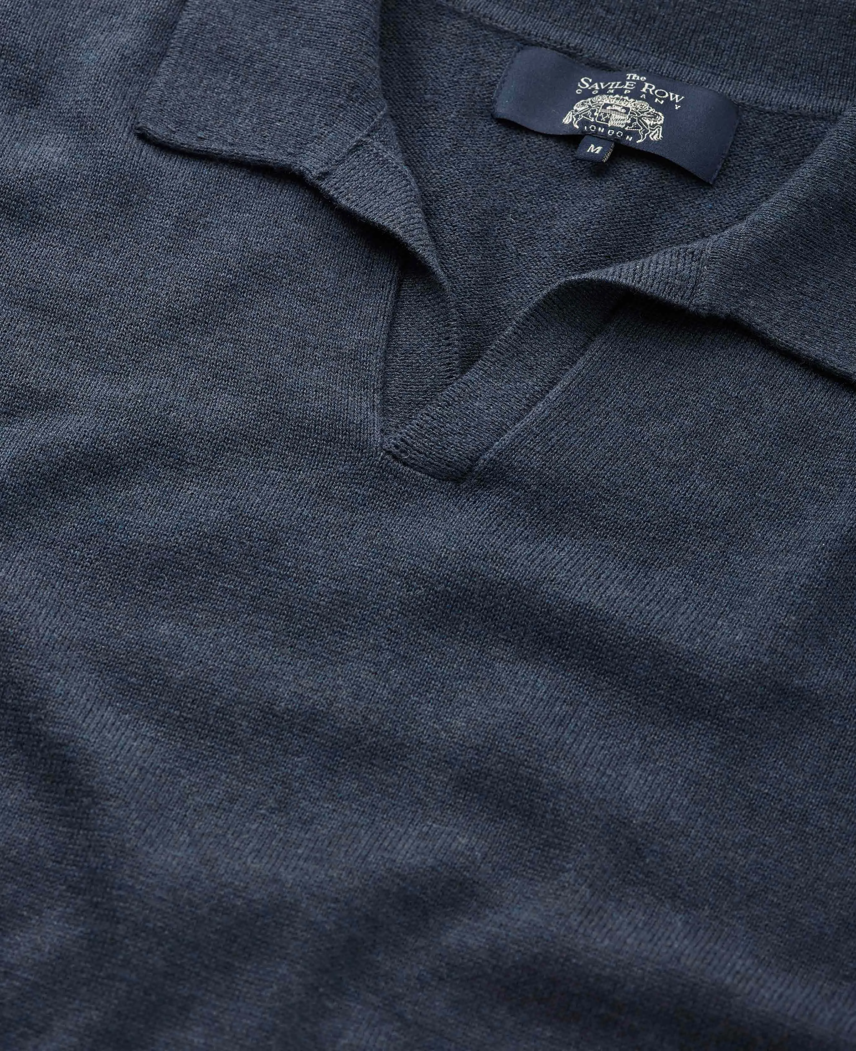 Washed Navy Cotton-Blend Open Collar Knit Polo